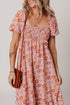 Pink Floral Square Neck Knotted Ruffle Midi Dress